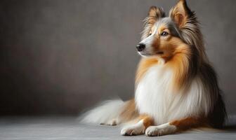 A Shetland Sheepdog captured in a studio with a simple gray background photo