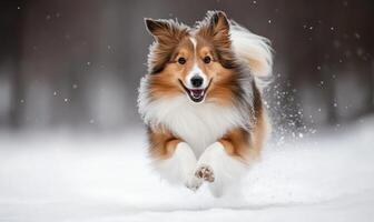 A Shetland Sheepdog running joyfully through a snow-covered field photo