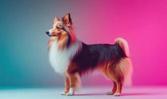 A Shetland Sheepdog standing alert in a studio with a gradient background photo