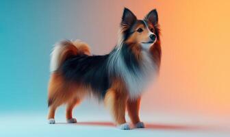 A Shetland Sheepdog standing alert in a studio with a gradient background photo