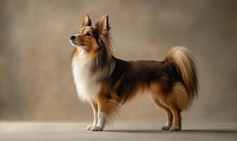 A Shetland Sheepdog standing alert in a studio with a gradient background photo
