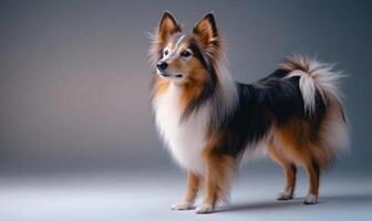 A Shetland Sheepdog standing alert in a studio with a gradient background photo