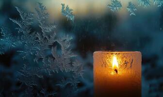 A candle is lit in front of a frosted window photo