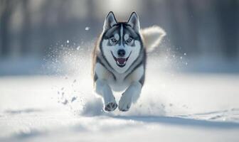 A dog is running through the snow with its tongue out photo