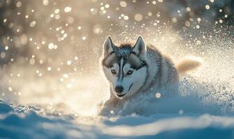 A dog is running through the snow with its tongue out photo