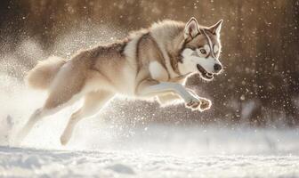 A dog is running through the snow with its tongue out photo