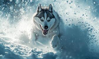 A dog is running through the snow with its mouth open and teeth bared photo