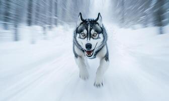 A dog is running through the snow with its tongue out photo