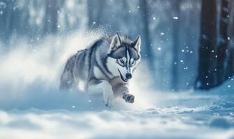 A dog is running through the snow, leaving a trail of paw prints behind it photo