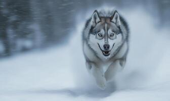 A dog is running through the snow with its tongue out photo