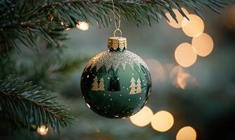 A green Christmas ornament with trees on it hangs on a tree branch photo