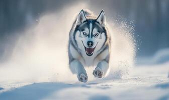 A dog is running through the snow with its tongue out photo