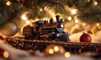 A train is on a track with a Christmas tree in the background photo