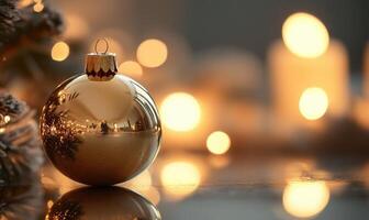 A gold ornament is sitting on a table with a reflection of it in the water photo