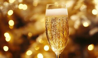 A glass of champagne is filled with bubbles and is sitting on a table photo