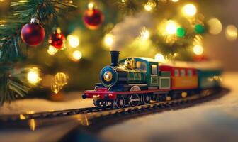 A train is on a track with a Christmas tree in the background photo