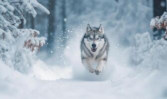 A dog is running through the snow, leaving a trail of paw prints behind it photo