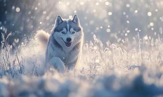 A dog is running through the snow with its tongue out photo