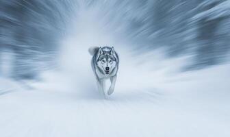 A grey husky dog is running through the snow photo