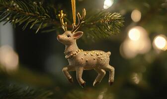 A gold deer ornament hangs from a Christmas tree photo