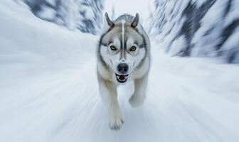 A dog is running through the snow with its mouth open and teeth bared photo