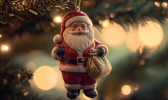 un rojo Papa Noel con un oro bolso es colgando desde un árbol foto