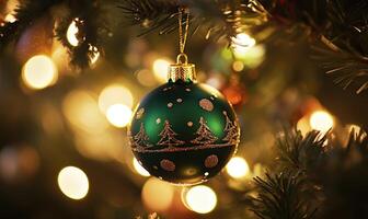 A green Christmas ornament with trees on it hangs on a tree photo