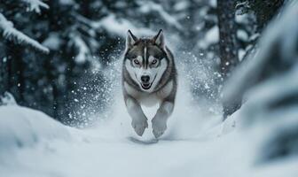 A dog is running through the snow with its mouth open and teeth bared photo