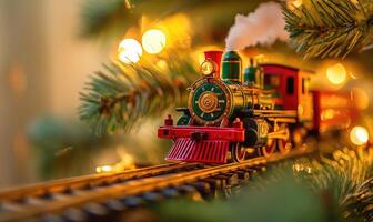 A train is on a track with a Christmas tree in the background photo