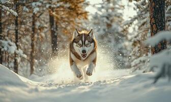 A dog is running through the snow with its tongue out photo