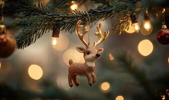 A Christmas tree with a deer ornament hanging from it photo