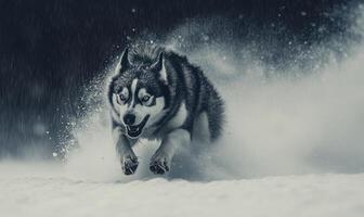 A dog is running through the snow with its mouth open and teeth bared photo