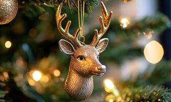 A gold deer ornament hangs on a Christmas tree photo