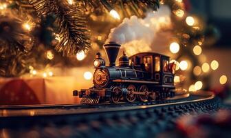 A train is on a track with a Christmas tree in the background photo