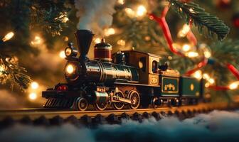 A train is on a track with Christmas lights in the background photo