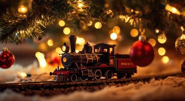 A train is on a track with a Christmas tree in the background photo