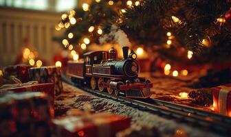 A train is on a track with a Christmas tree in the background photo
