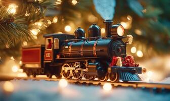 A train with a red caboose and a Christmas tree in the background photo
