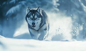 A dog is running through the snow with its mouth open photo