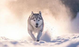 A dog is running through the snow with its mouth open photo