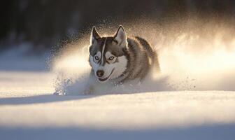 A dog is running through the snow with its tongue out photo