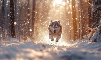 A dog is running through the snow in a forest photo