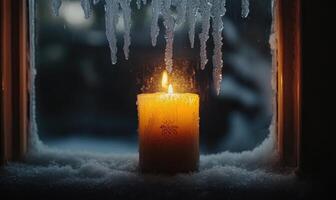 A candle is lit in front of a window with icicles hanging from the window photo