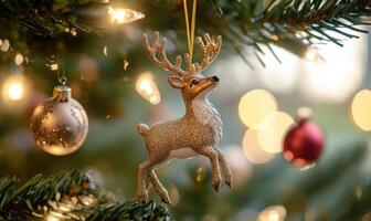A Christmas tree ornament of a deer is hanging from the tree photo