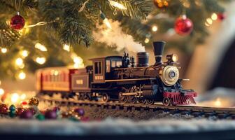 A train with smoke coming out of the front of it is on a track photo