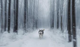 A husky dog is walking through a snowy forest photo