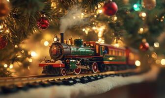 A train with a green engine and red and green carriages is on a track photo