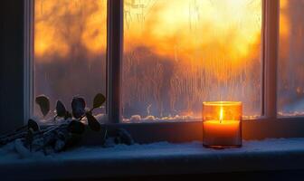 A candle is lit in front of a window with a view of the sunset photo
