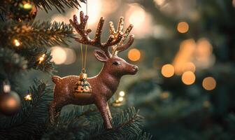 A Christmas tree with a deer ornament hanging from it photo