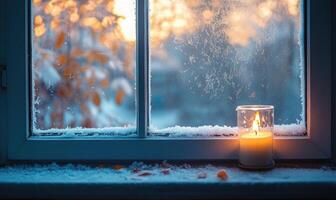 A candle is lit in front of a window with snow on the ground photo